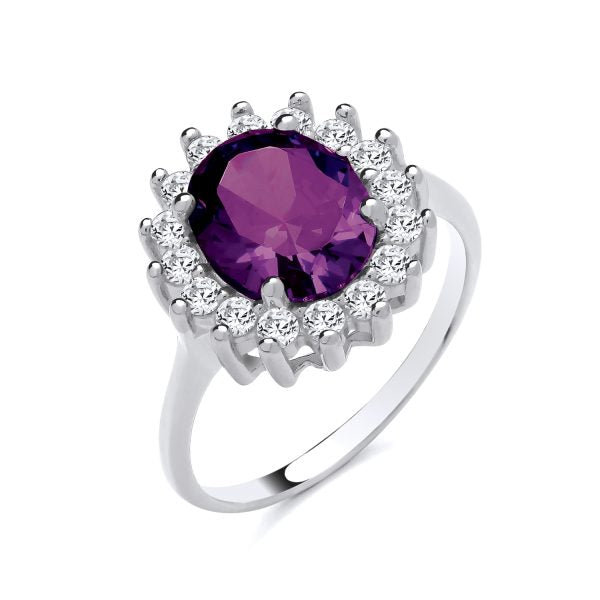 STERLING SILVER SIMULATED AMETHYST & CZ CLUSTER RING