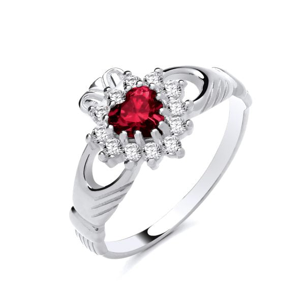 STERLING SILVER SIMULATED RUBY & CZ CLADDAGH RING