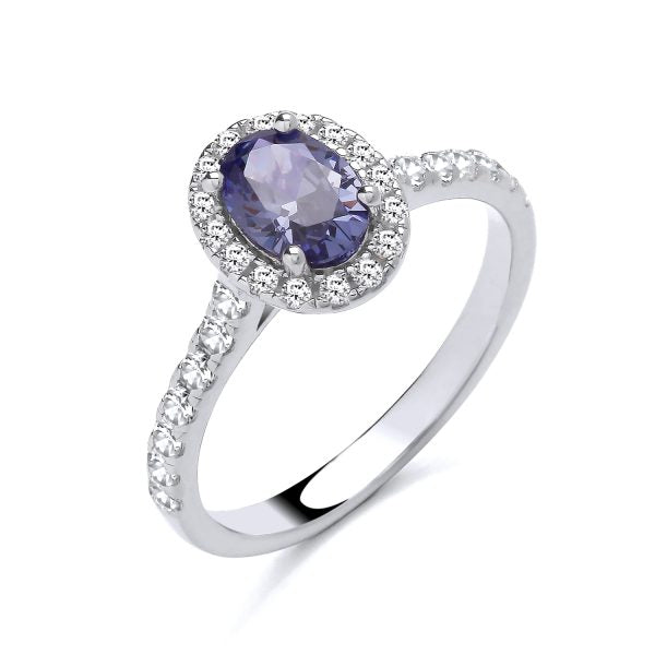 STERLING SILVER OVAL CLUSTER SIMULATED TANZANITE & CZ RING
