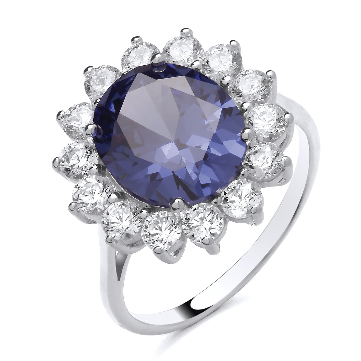 STERLING SILVER SIMULATED TANZANITE & CZ LARGE CLUSTER RING