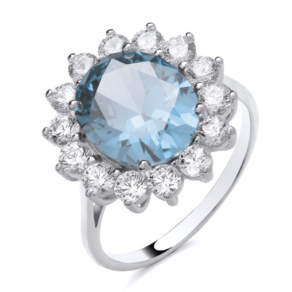STERLING SILVER SIMULATED AQUAMARINE & CZ LARGE CLUSTER RING