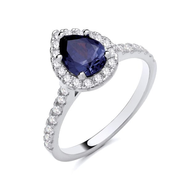 STERLING SILVER TEARDROP SIMULATED SAPPHIRE & CZ RING