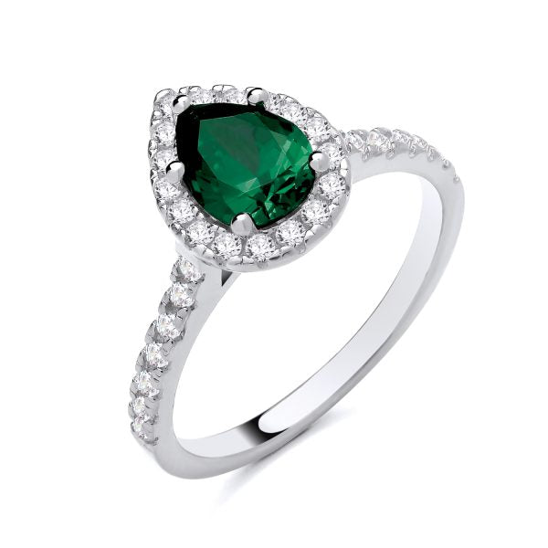 STERLING SILVER TEARDROP SIMULATED EMERALD & CZ RING