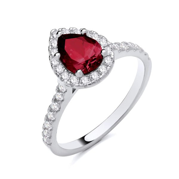 STERLING SILVER TEARDROP SIMULATED RUBY & CZ RING
