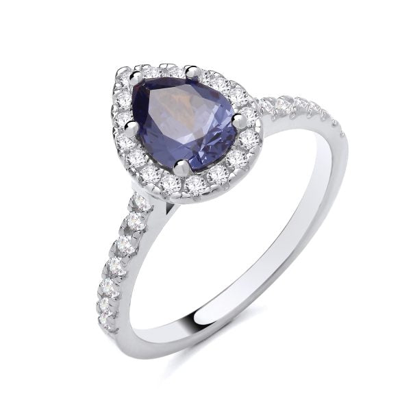 STERLING SILVER TEARDROP SIMULATED TANZANITE & CZ RING