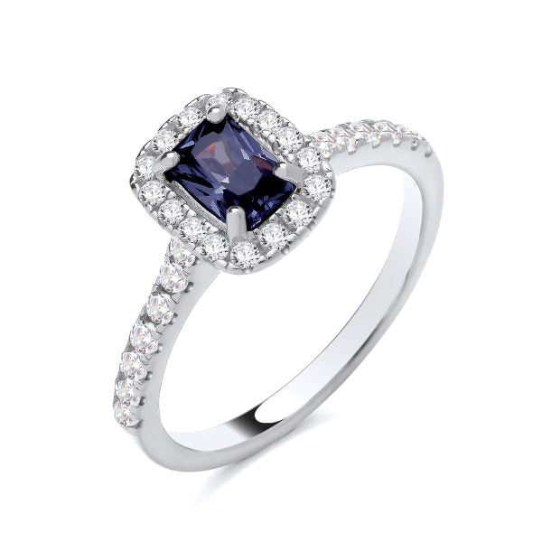 STERLING SILVER EMERALD CUT SIMULATED SAPPHIRE & CZ RING