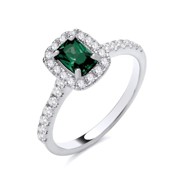 STERLING SILVER EMERALD CUT SIMULATED EMERALD & CZ RING