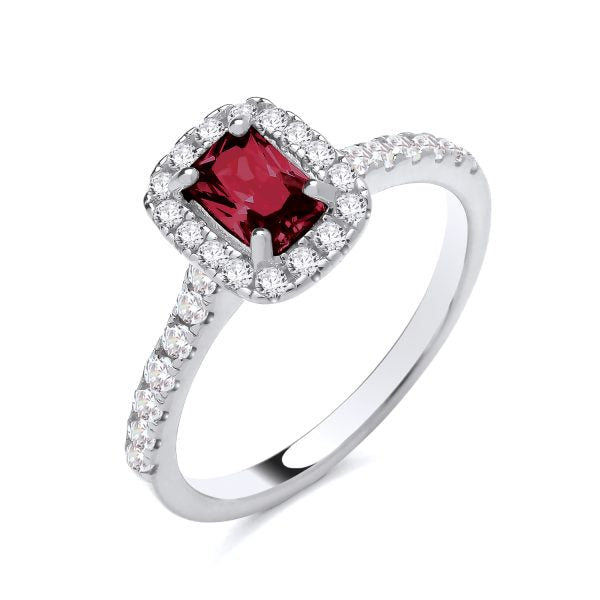 STERLING SILVER EMERALD CUT SIMULATED RUBY & CZ RING