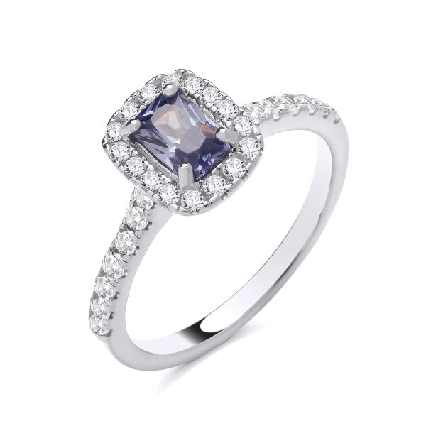 STERLING SILVER EMERALD CUT SIMULATED TANZANITE & CZ RING