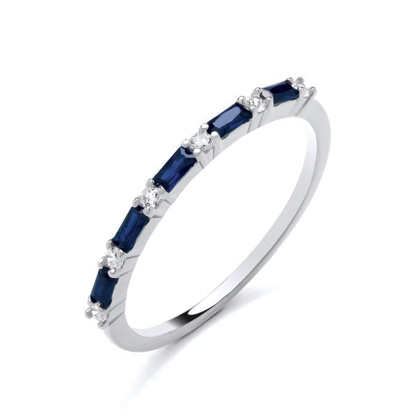 STERLING SILVER SIMULATED SAPPHIRE & CZ BAGUETTE ETERNITY RING