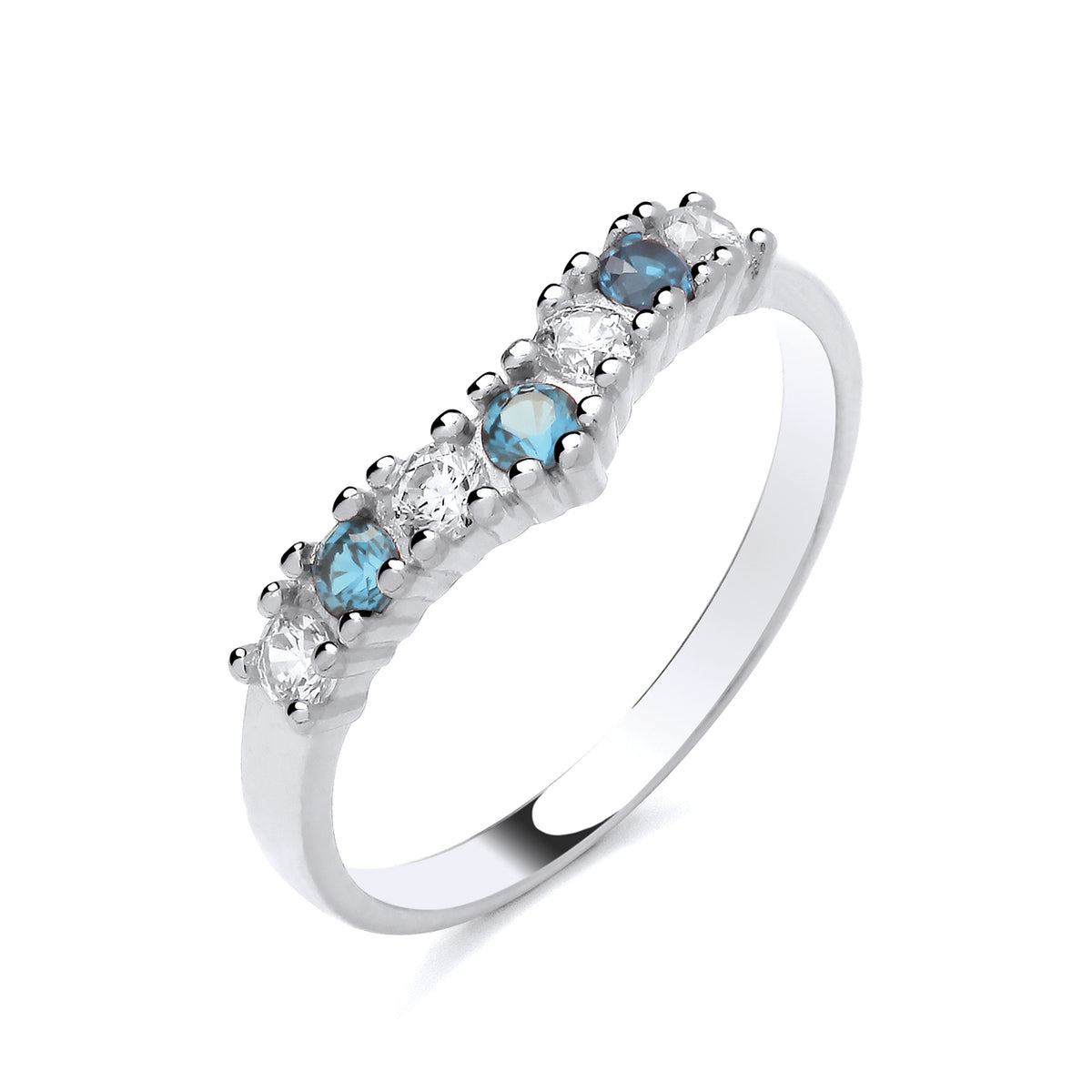 STERLING SILVER SIMULATED AQUAMARINE & CZ WISHBONE RING