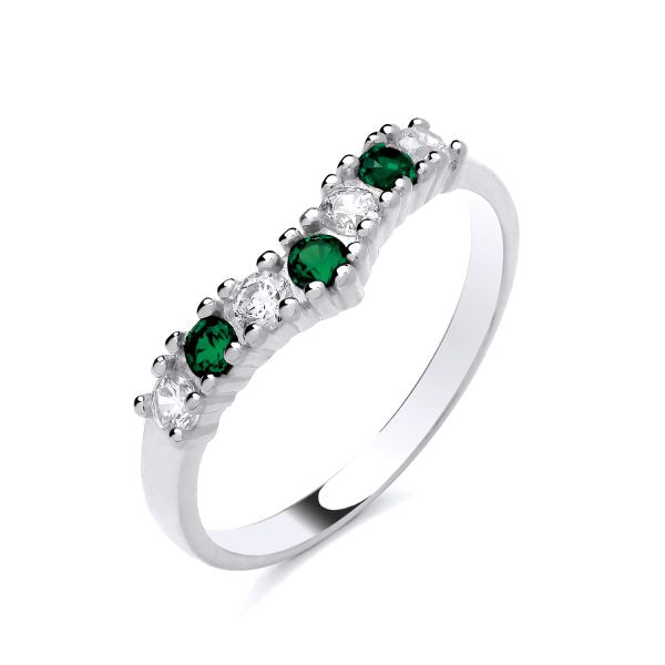 STERLING SILVER SIMULATED EMERALD & CZ WISHBONE RING