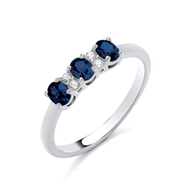 STERLING SILVER 3 STONE SIMULATED SAPPHIRE & CZ RING