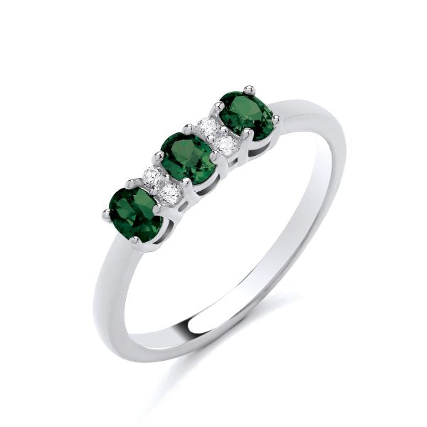 STERLING SILVER 3 STONE SIMULATED EMERALD & CZ RING
