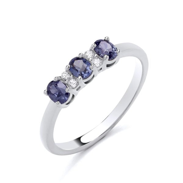 STERLING SILVER 3 STONE SIMULATED TANZANITE & CZ RING