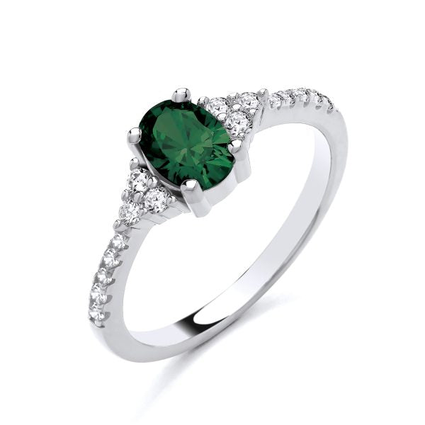 STERLING SILVER OVAL SOLITAIRE SIMULATED EMERALD & CZ RING