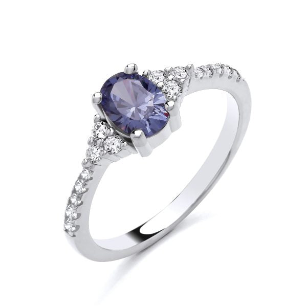 STERLING SILVER OVAL SOLITAIRE SIMULATED TANZANITE & CZ RING