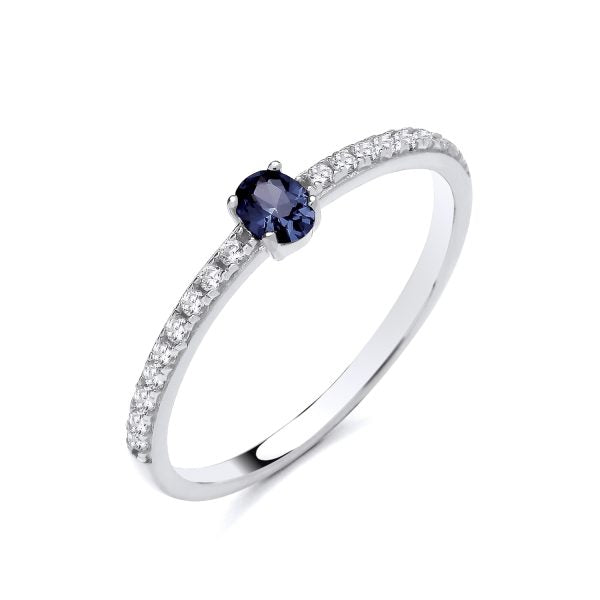 STERLING SILVER OVAL SIMULATED SAPPHIRE & CZ RING
