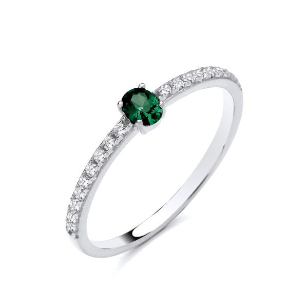 STERLING SILVER OVAL SIMULATED EMERALD & CZ RING