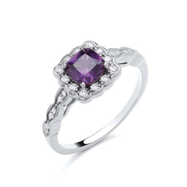 STERLING SILVER ART DECO STYLE SIMULATED AMETHYST & CZ RING