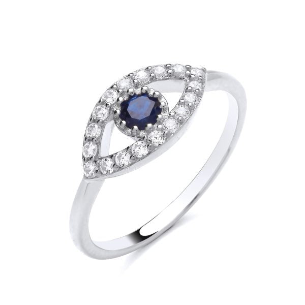 STERLING SILVER SIMULATED SAPPHIRE & CZ EVIL EYE RING
