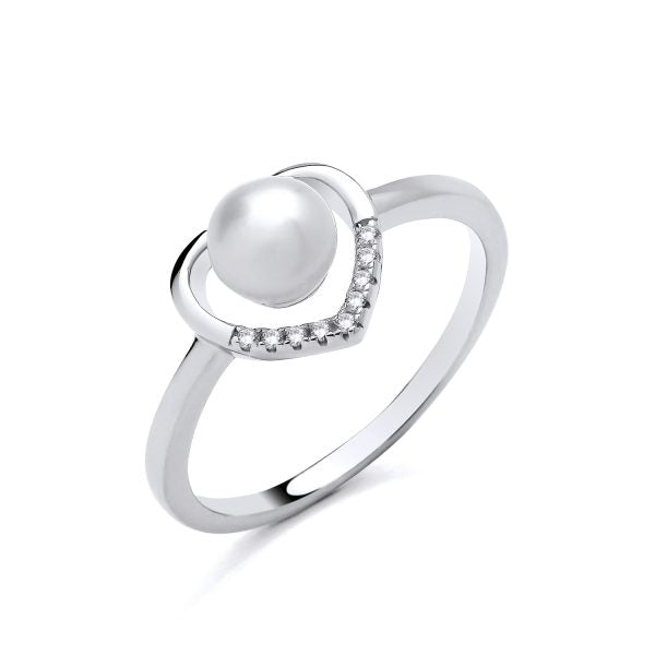 STERLING SILVER FRESHWATER PEARL & CZ HEART RING