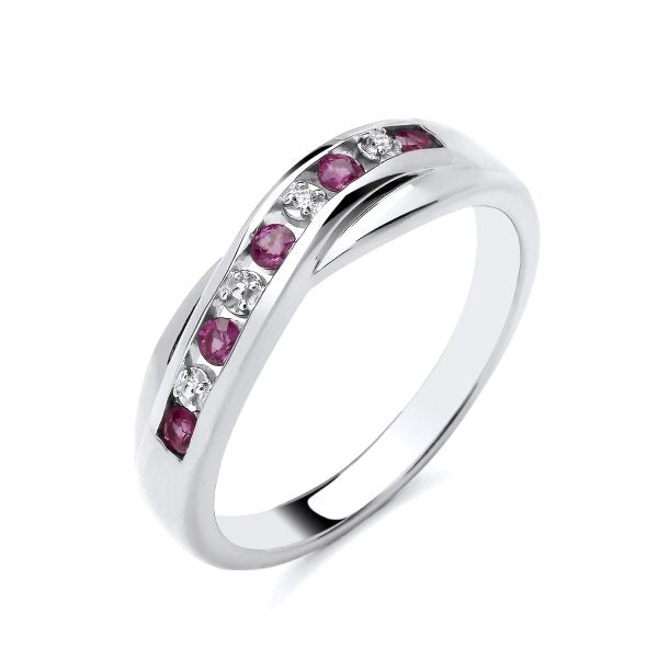 STERLING SILVER NATURAL RUBY & DIAMOND CROSSOVER RING