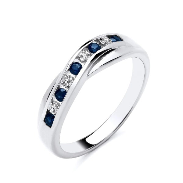 STERLING SILVER NATURAL SAPPHIRE & DIAMOND CROSSOVER RING