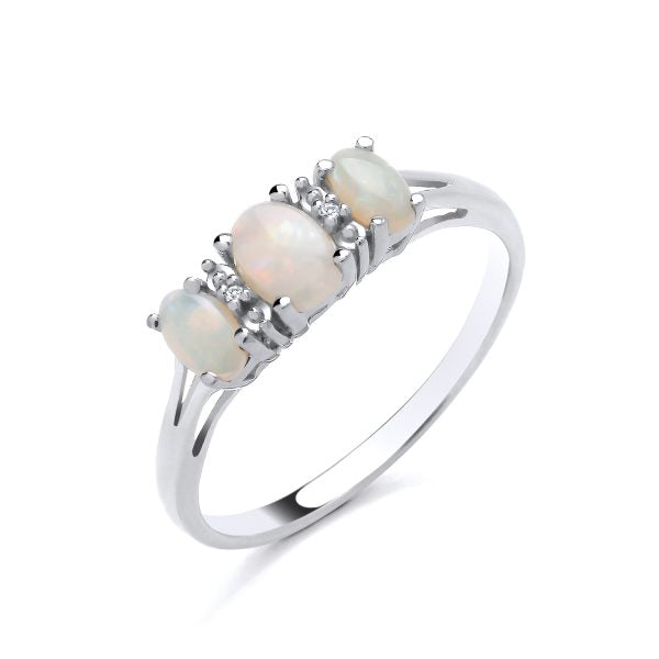 STERLING SILVER NATURAL OPAL & DIAMOND TRILOGY RING