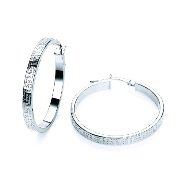 STERLING SILVER 28.5MM GREEK KEY HOOP EARRINGS