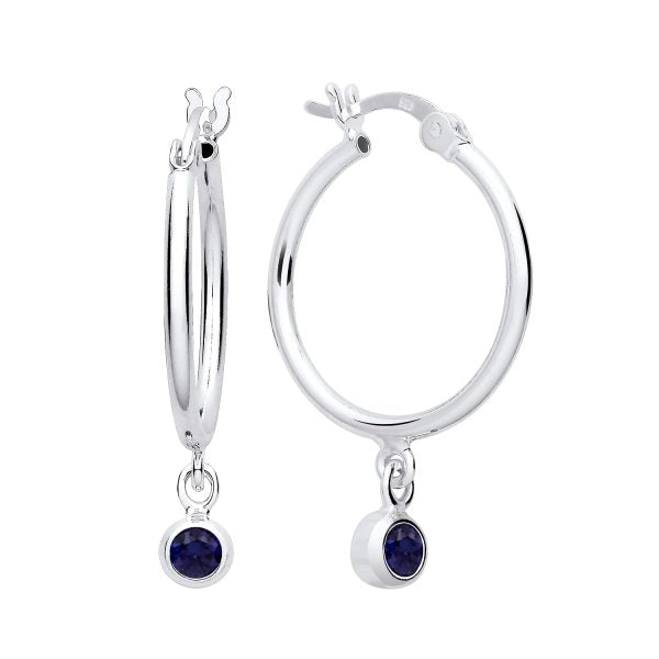 STERLING SILVER SIMULATED SAPPHIRE SEPTEMBER BIRTHSTONE CHARM HOOP EARRINGS