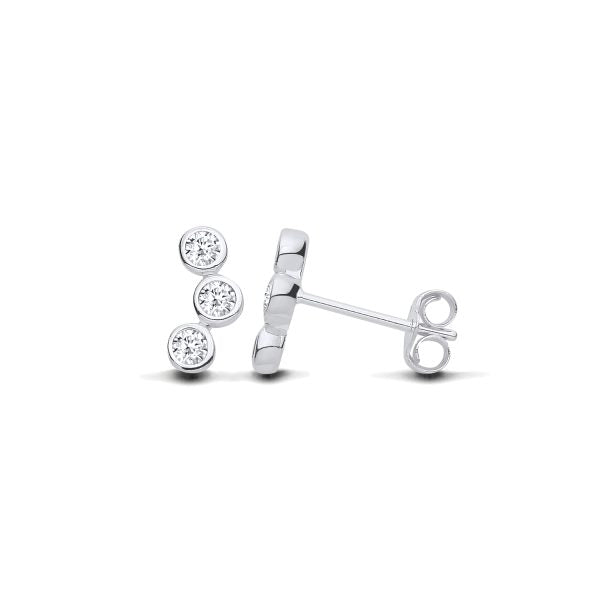 STERLING SILVER TRIPLE SOLITAIRE CURVED STUD EARRINGS