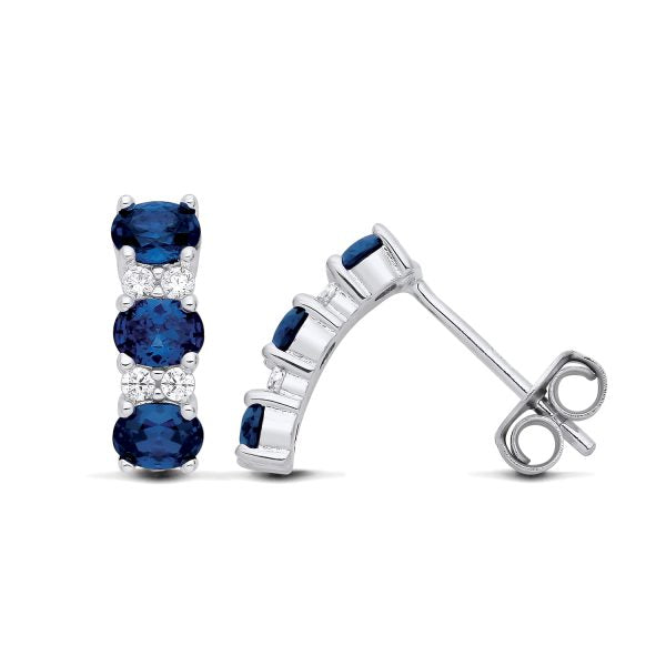 STERLING SILVER SIMULATED SAPPHIRE & CZ DROP STUD EARRINGS