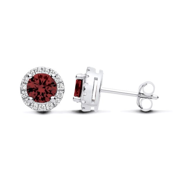 STERLING SILVER SIMULATED RUBY & CZ HALO STUD EARRINGS