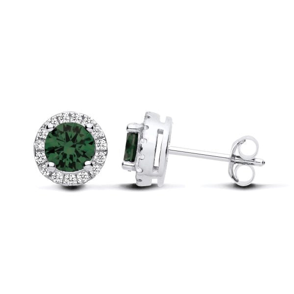 STERLING SILVER SIMULATED EMERALD & CZ HALO STUD EARRINGS