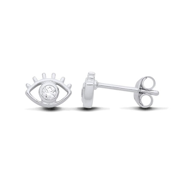 STERLING SILVER CZ EVIL EYE STUD EARRINGS