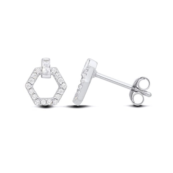 STERLING SILVER CZ HEXAGON STUD EARRINGS