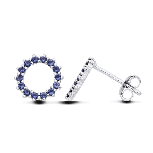 STERLING SILVER SIMULATED SAPPHIRE CIRCLE STUD EARRINGS