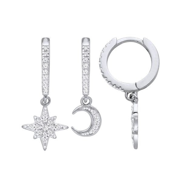 STERLING SILVER CZ MOON & STAR DROP DANGLE EARRINGS
