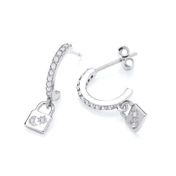 STERLING SILVER CZ PADLOCK DROP STUD EARRINGS