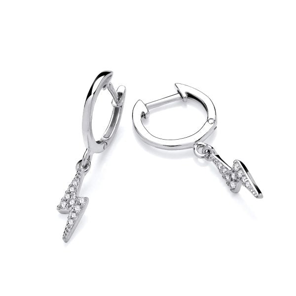 STERLING SILVER CZ LIGHTENING BOLT HUGGIE DROP EARRINGS
