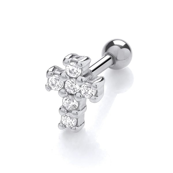 STERLING SILVER RHODIUM PLATED CZ CROSS HELIX CARTILAGE STUD EARRING
