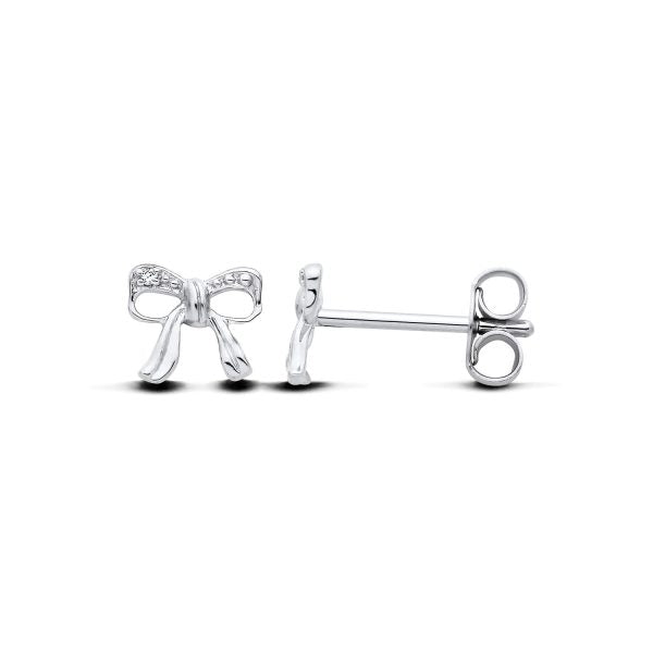 STERLING SILVER NATURAL DIAMOND BOW RIBBON STUD EARRINGS