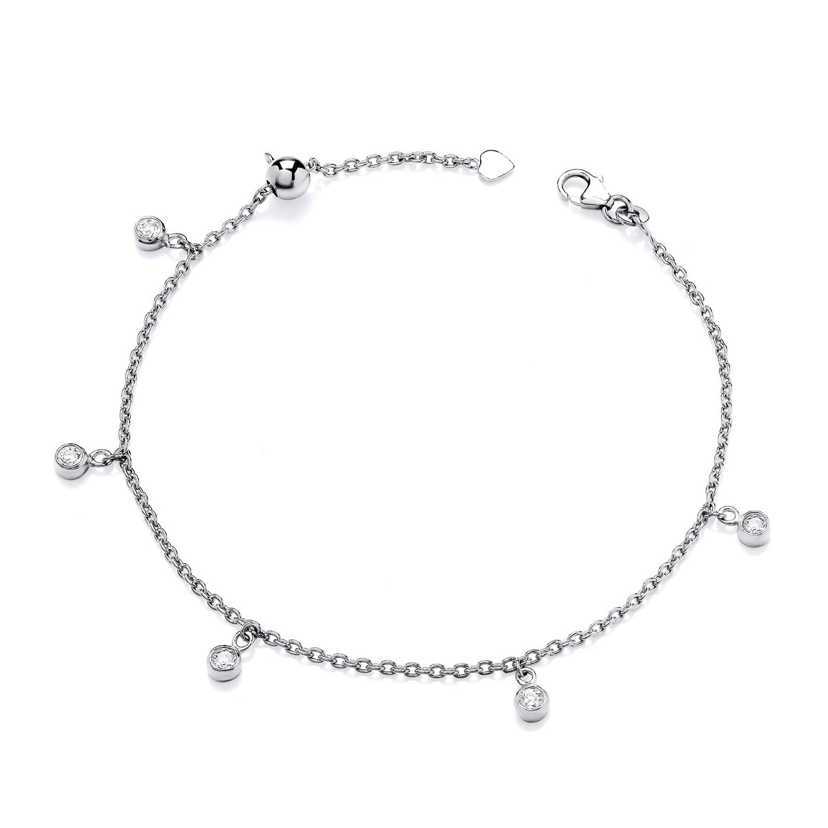 STERLING SILVER CZ ADJUSTABLE ANKLET – HEART TOGGLE