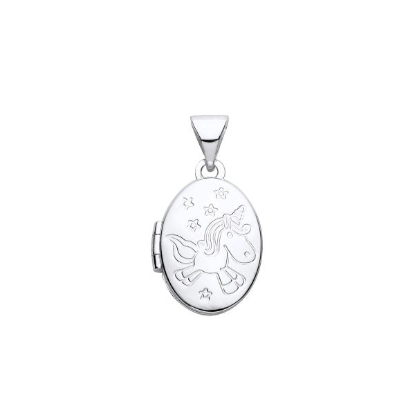 STERLING SILVER UNICORN SMALL OVAL LOCKET PENDANT