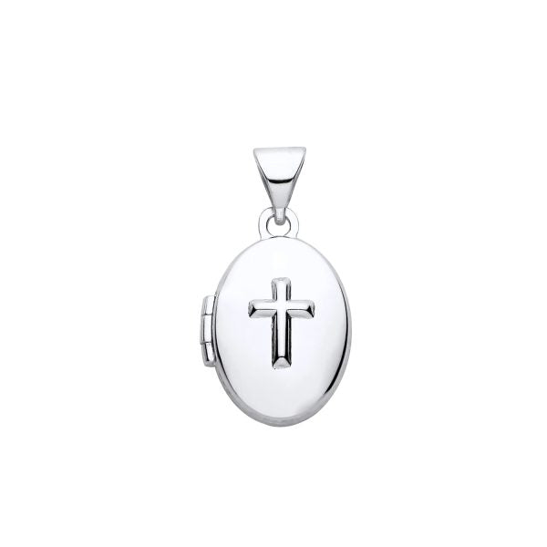 STERLING SILVER CROSS CRUCIFIX SMALL OVAL LOCKET PENDANT