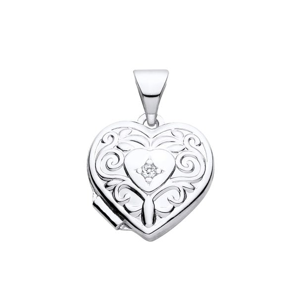 STERLING SILVER NATURAL DIAMOND PATTERNED HEART LOCKET PENDANT