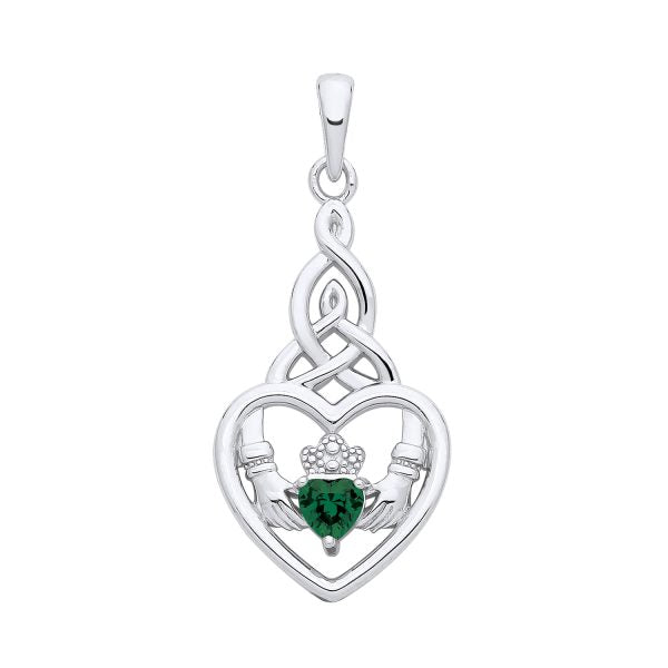 STERLING SILVER SIMULATED EMERALD CLADDAGH PENDANT