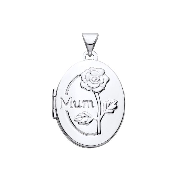 STERLING SILVER MUM ROSE FLOWER OVAL LOCKET PENDANT