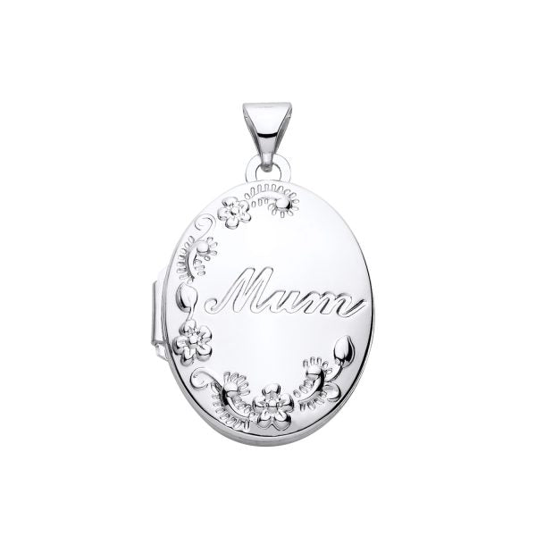 STERLING SILVER MUM FLORAL PATTERN OVAL LOCKET PENDANT